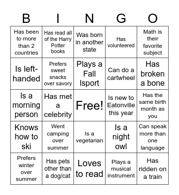 Back to School Bingo Card