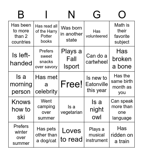 Back to School Bingo Card