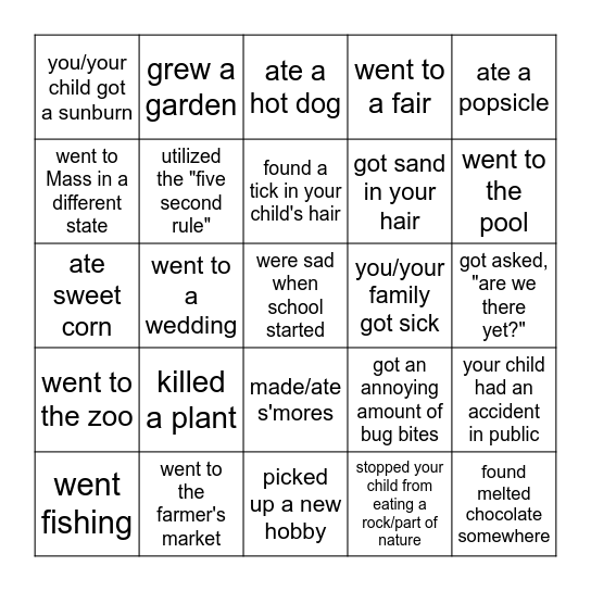 Summer Fun Bingo Card