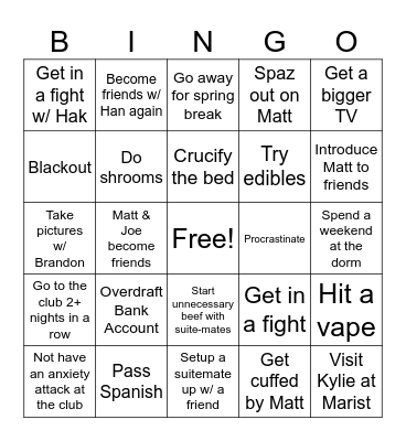Emma’s Junior Yr Bingo Card