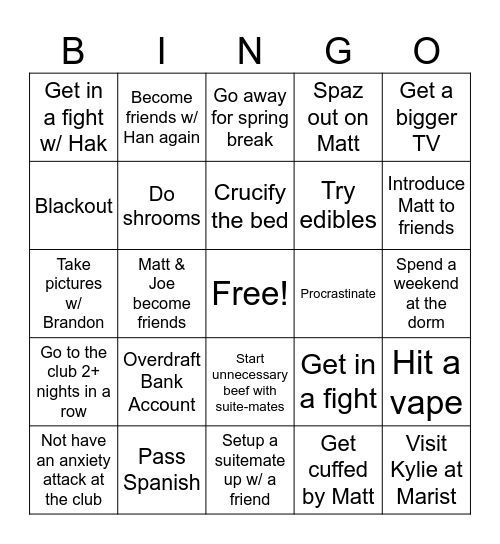 Emma’s Junior Yr Bingo Card