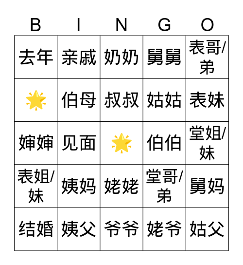 亲戚（relatives） Bingo Card