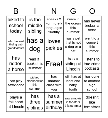Classmate Bingo Card