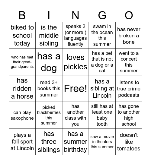 Classmate Bingo Card