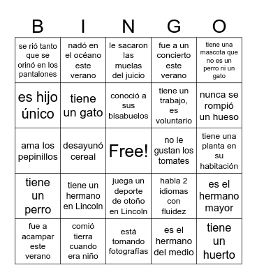 Classmate Bingo (Spanish) Bingo Card