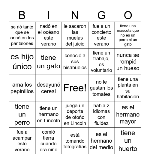 Classmate Bingo (Spanish) Bingo Card