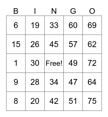 Number Bingo 1-75 Bingo Card