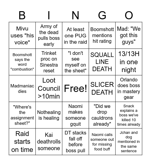 Audacity Raid Night Bingo Card