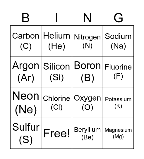 ELEMENTS BINGO Card