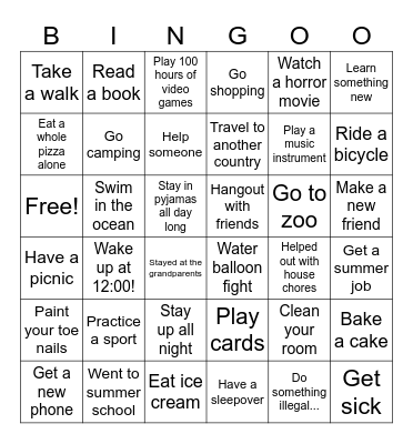 Summer vacation Bingo Card