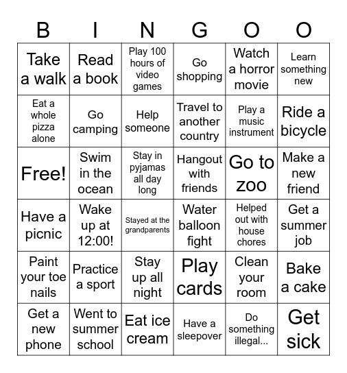 Summer vacation Bingo Card