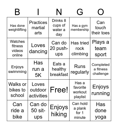 PE Bingo Card