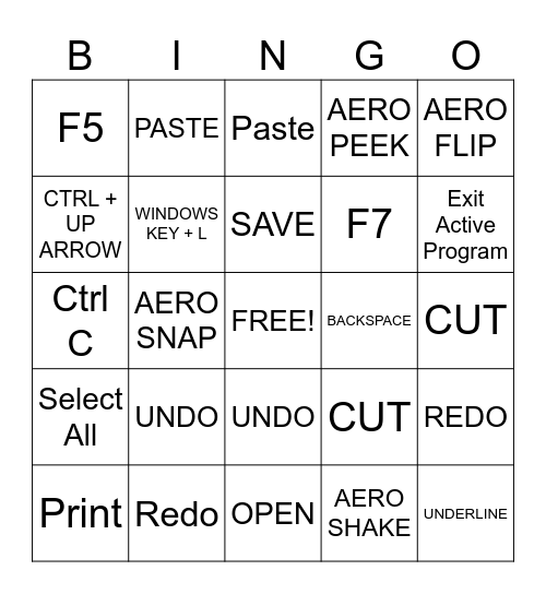 KEYBOARD SHORTCUTS Bingo Card