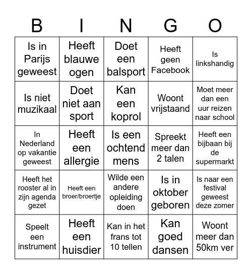 Kennismakings Bingo Card