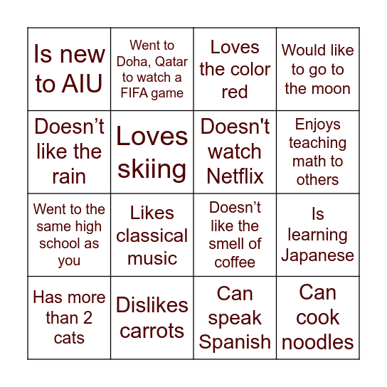 FP Icebreaker Activity Bingo Card