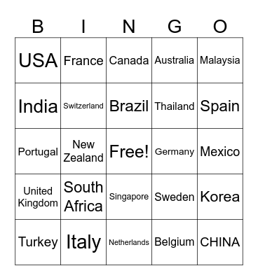 Country BINGO Card