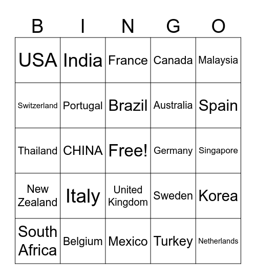 Country BINGO Card