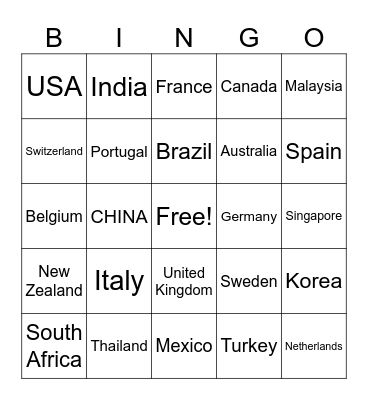 Country BINGO Card