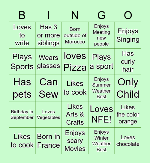 Let's get to know each other better! Bingo Card