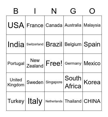 Country BINGO Card