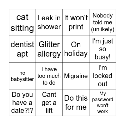 Xmas work night out - Excuse Bingo Card