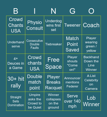 US OPEN BINGO Card