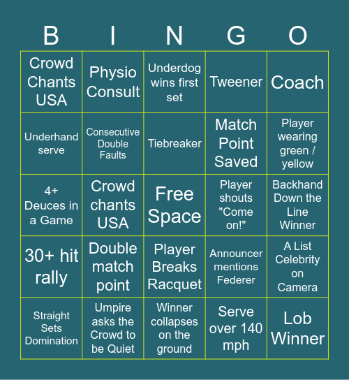 US OPEN BINGO Card