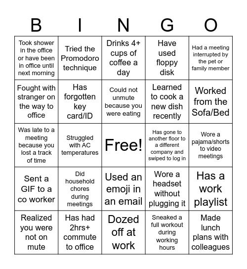 Fun At Work Bingo Card