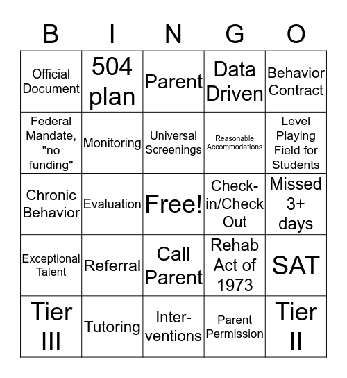 504/SAT Informational Review Bingo Card