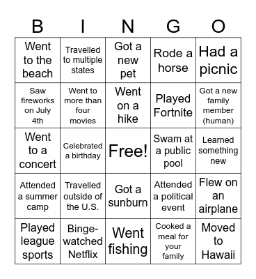 What I Did on My Summer Vacation Bingo Card