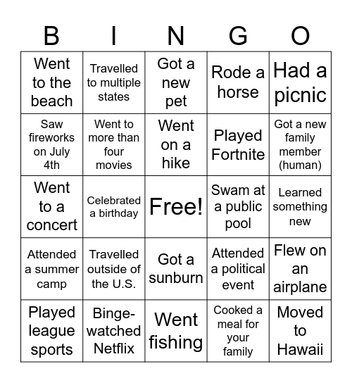 What I Did on My Summer Vacation Bingo Card