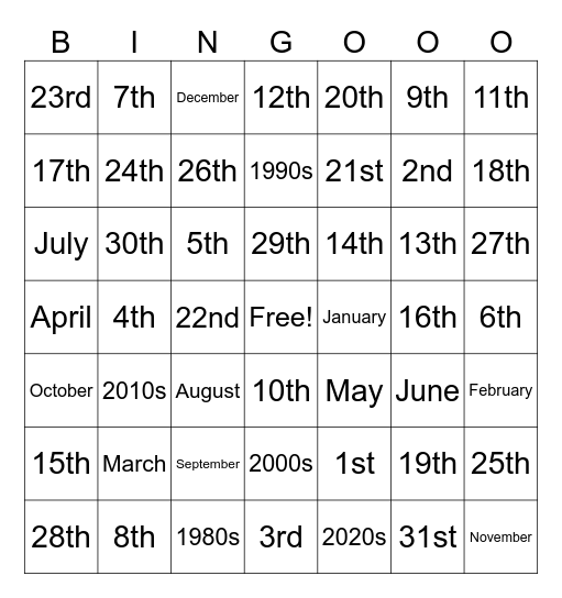 Date Bingo Card