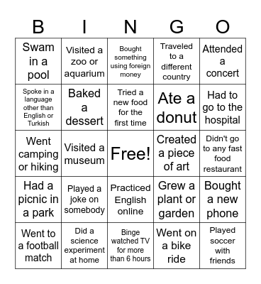 What did you do this summer? Bingo Card