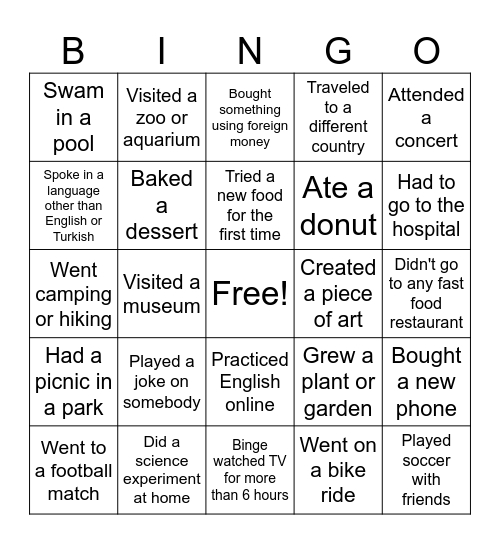 What did you do this summer? Bingo Card