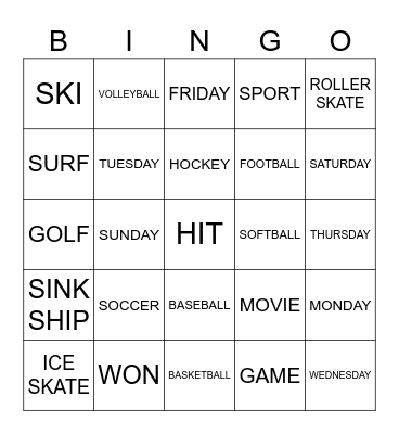 Sports, Days of the week, Game Bingo Card