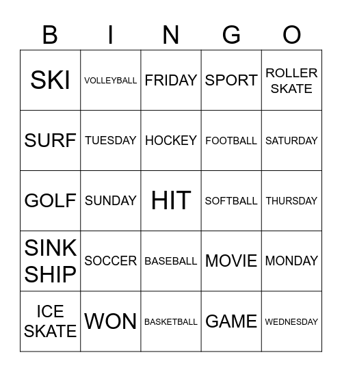 Sports, Days of the week, Game Bingo Card