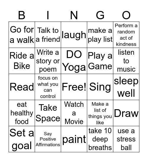 Coping Skills Bingo Card