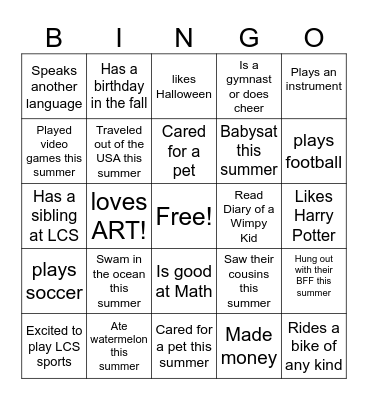 7th Grade--Get Initials Bingo Card