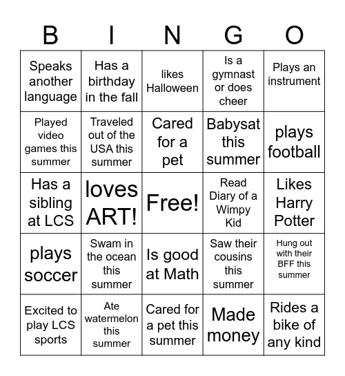 7th Grade--Get Initials Bingo Card