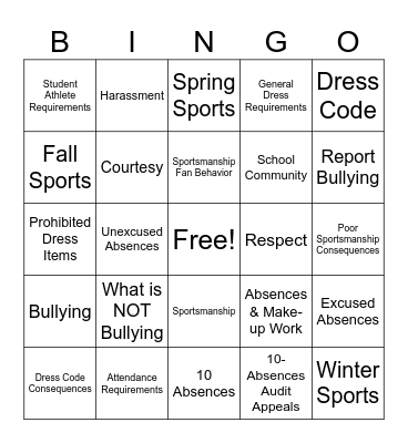 Student Handbook Overview Bingo Card