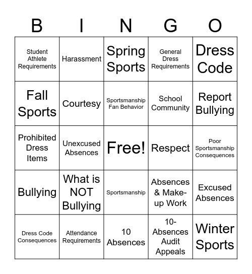 Student Handbook Overview Bingo Card