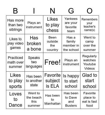 First Day of School Bingo Card