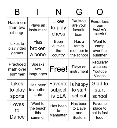 First Day of School Bingo Card