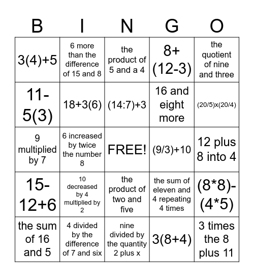 Numerical Expressions Bingo Card