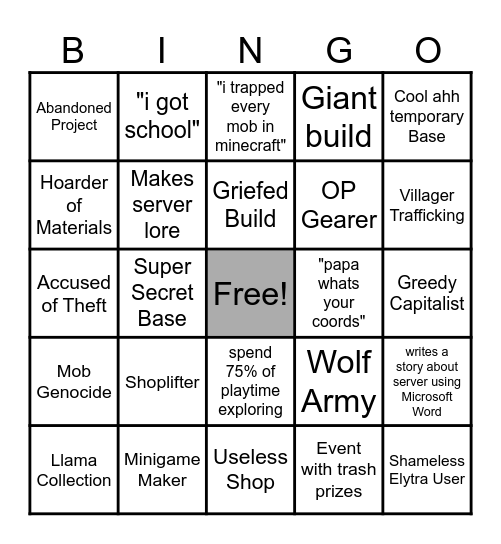 Genesis SMP Bingo Card