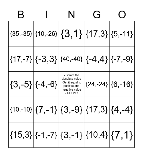 Absolute Value Equations (Isolated and 1 step) Bingo Card