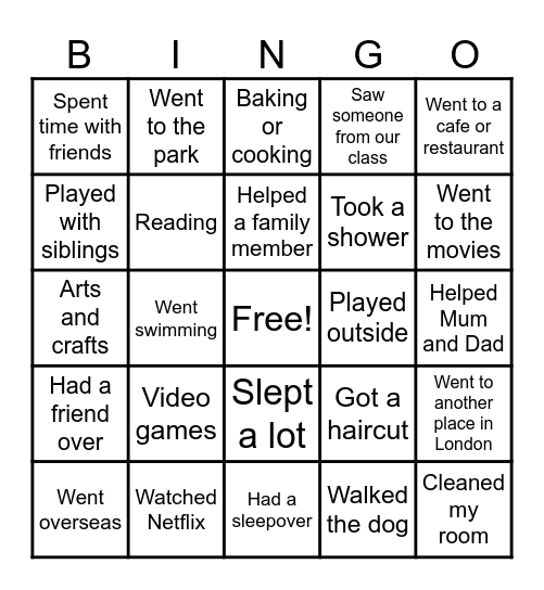 School Holiday Bingo Card