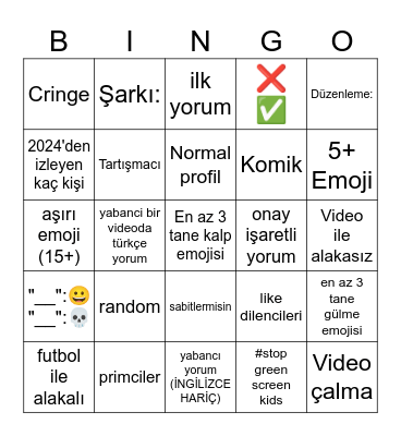 Youtube Shorts YORUM Bingo (TÜRKÇE) Bingo Card