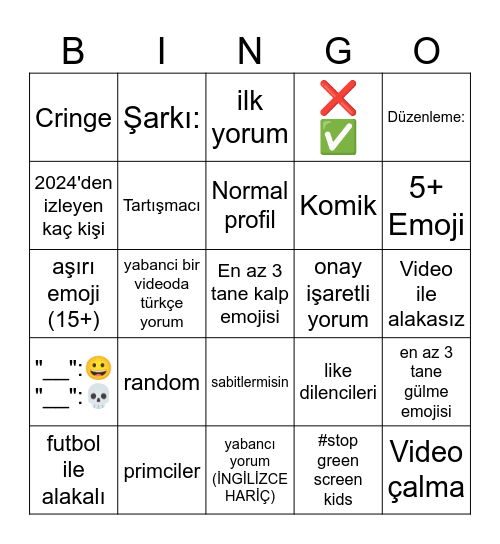 Youtube Shorts YORUM Bingo (TÜRKÇE) Bingo Card