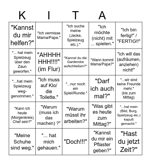 Kinder Aussagen/Fragen Bingo Card